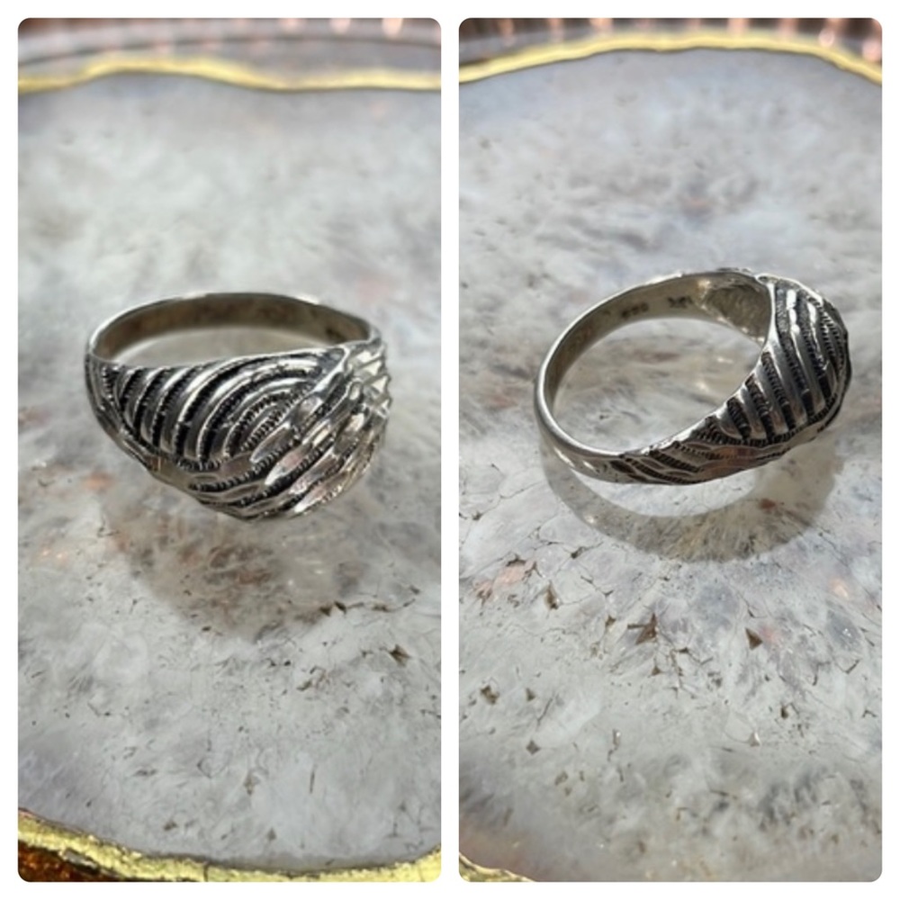ANTIQUE sterling silver diamond cut domed teardrop ring